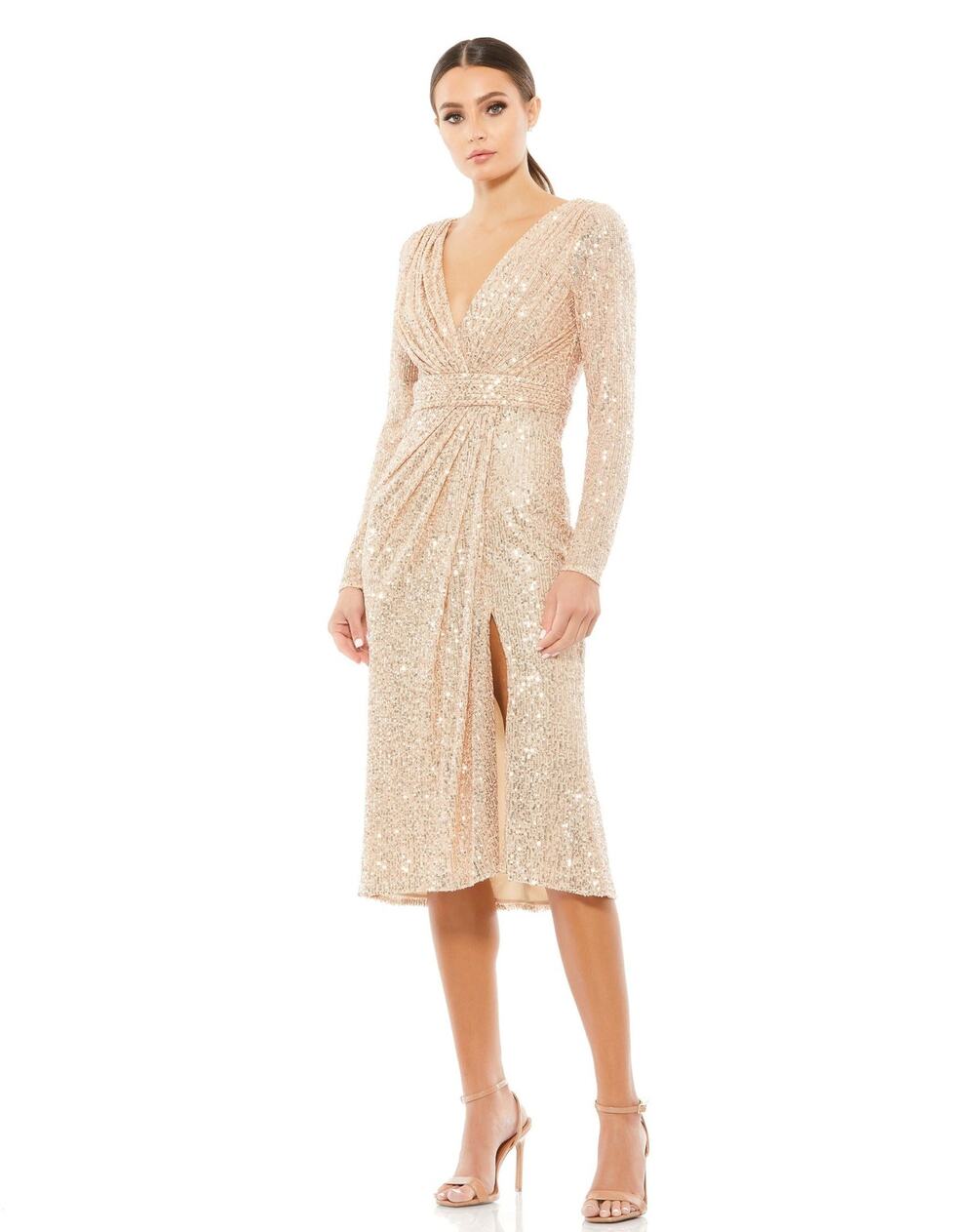 NWT Mac Duggal Rose Gold Sequined Faux Wrap Midi Dress Size 16
